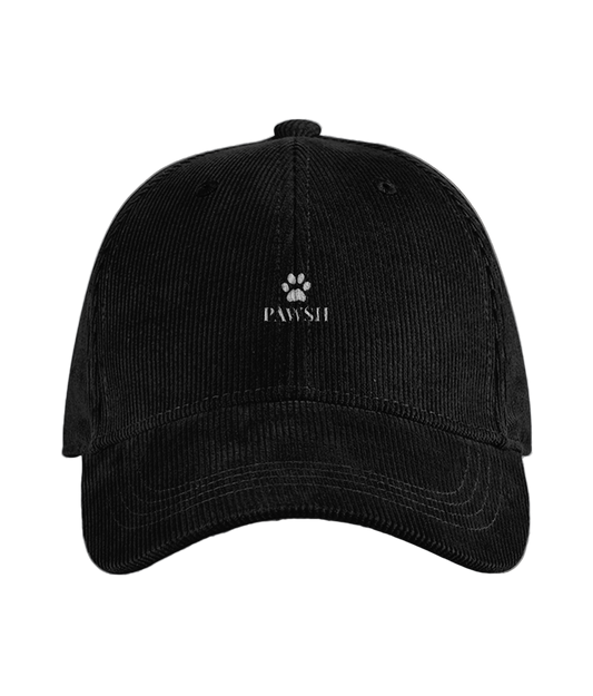 Black cap with a paw print logo on a white background